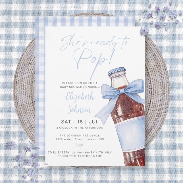 Convite Chá de Bebê Laço Azul Garrafa de Refrigerante Pron (Ready To Pop Soda Bottle Blue Bow Baby Shower Invitation)