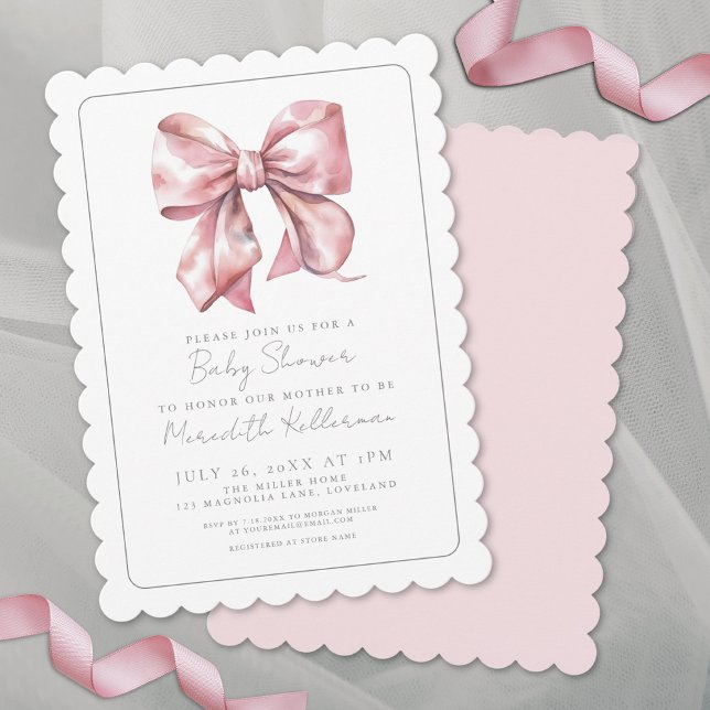 Convite Chá de Bebê Laço Coquete Elegante Rosa (Elegant Coquette Girl Pink Bow Baby Shower Invitation)