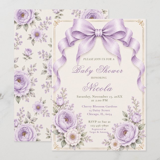 Convite Chá de Bebê Laço Coquete Flor de Lavanda (Frente/Verso)