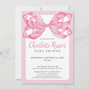 Convite Chá de Bebê Laço de Fita Rosa Elegante em Aquarela