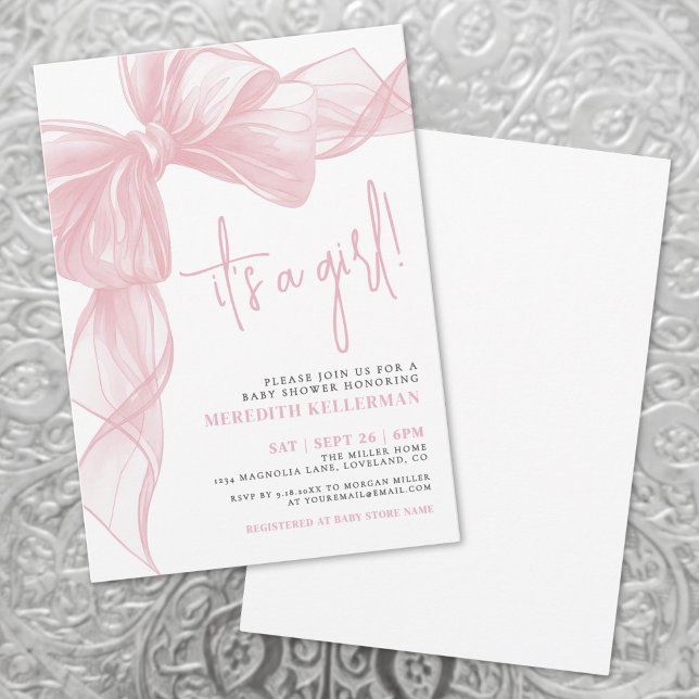 Convite Chá de Bebê Laço Rosa (Modern Pink Bow Baby Shower Invitation)