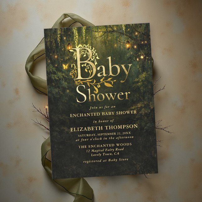 Convite Chá de Bebê Lanternas Floresta Encantada do Livro  (enchanted forest baby shower storybook fairytale golden lanterns butterflies magical fairy woodland)