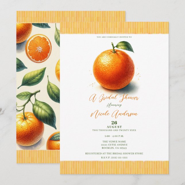 Convite Chá de Bebê Laranja Aquarela Fofa (Frente/Verso)