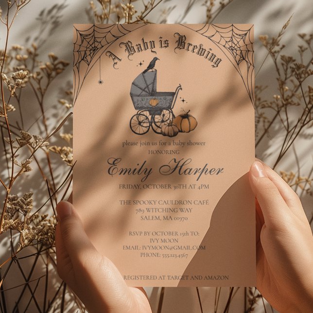 Convite Chá de Bebê Laranja Gótico Baby is Brewing (Gothic Halloween Baby Shower Invitation in Orange. Vintage Baby Carriage, Pumpkins, Webs, Raven)