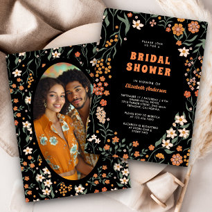Convite Chá de Bebê Laranja Preto Groovy Flor Silvestre