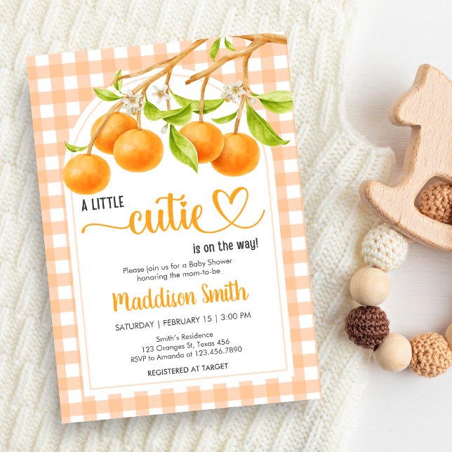 Convite Chá de Bebê Laranja Xadrez (Little Cutie Orange Baby Shower Invitation)