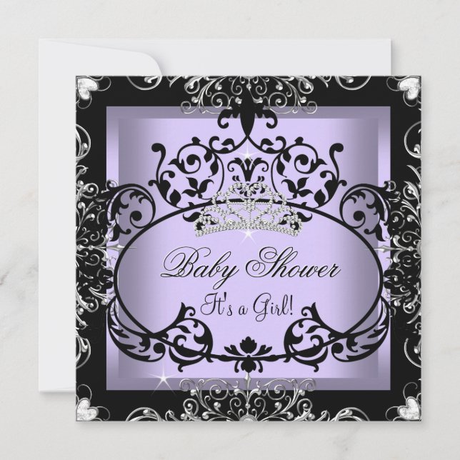 Convite Chá de Bebê Lavanda Menina Princesa Tiara Renda (Frente)