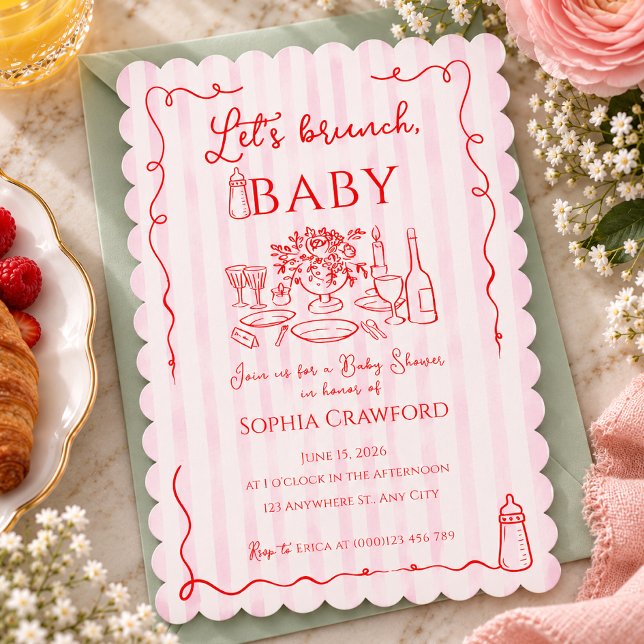 Convite Chá de Bebê Let's Brunch Doodle Caprichoso Rosa Ve (Red Pink Whimsical Doodle Let's Brunch Baby Shower Invitation)