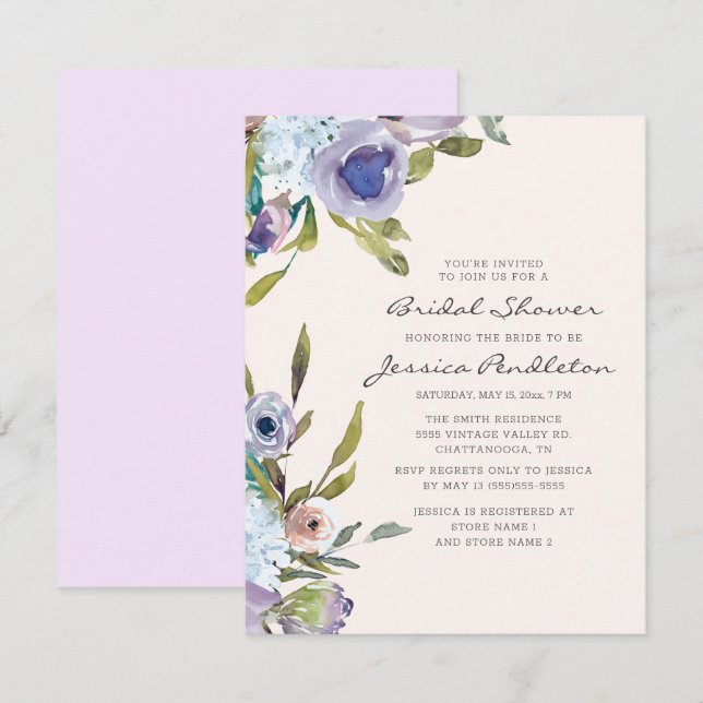 Convite Chá de Bebê Lilás Roxo Azul Floral (Frente/Verso)