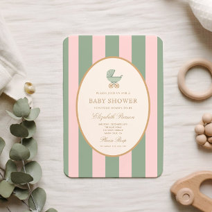 Convite Chá de Bebê Listrado em Verde e Rosa Vintage  