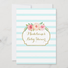 Convite Chá de Bebê Listras Azuis Florais em Aquarela Rosa