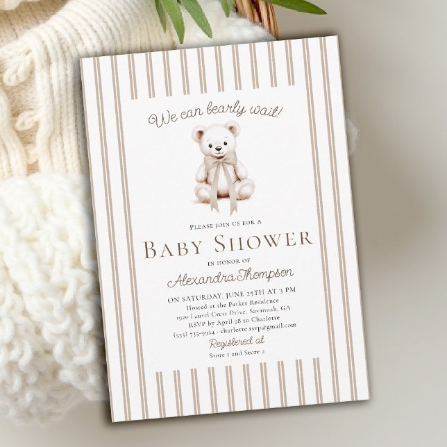 Convite Chá de Bebê Listras Bege Neutro Urso de Pelúcia (bearly wait baby shower invitation traditional classic nursery stripes teddy bear bow watercolor)