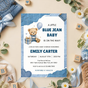 Convite Chá de Bebê Little Blue Jean Urso de Pelúcia em