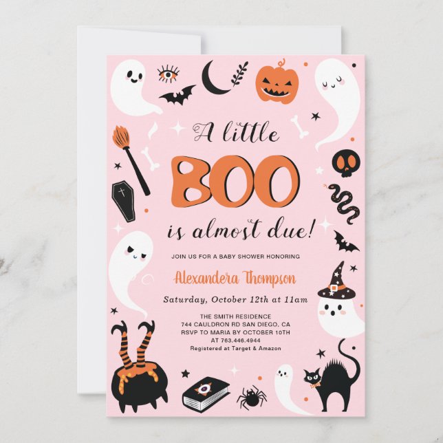 Convite Chá de Bebê Little Boo de Halloween Rosa (Frente)
