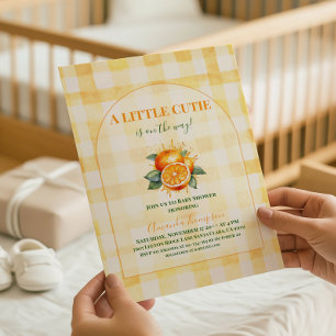 Convite Chá de Bebê Little Cutie Amarelo Xadrez Laranja