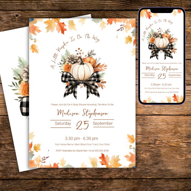 Convite Chá de Bebê Little Pumpkin Floral e Xadrez de Búfa (Criador carregado)