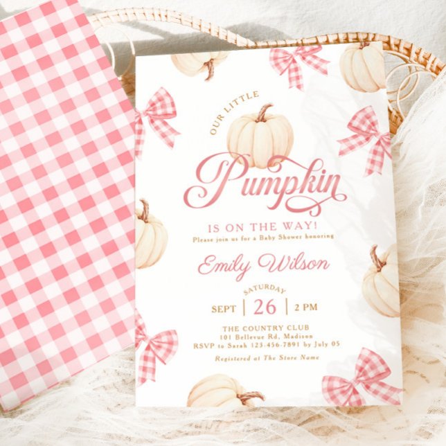 Convite Chá de Bebê Little Pumpkin Pink Bows Gingham (Criador carregado)