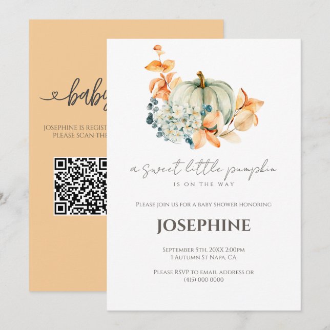 Convite Chá de Bebê Little Pumpkin QR Registro (Frente/Verso)