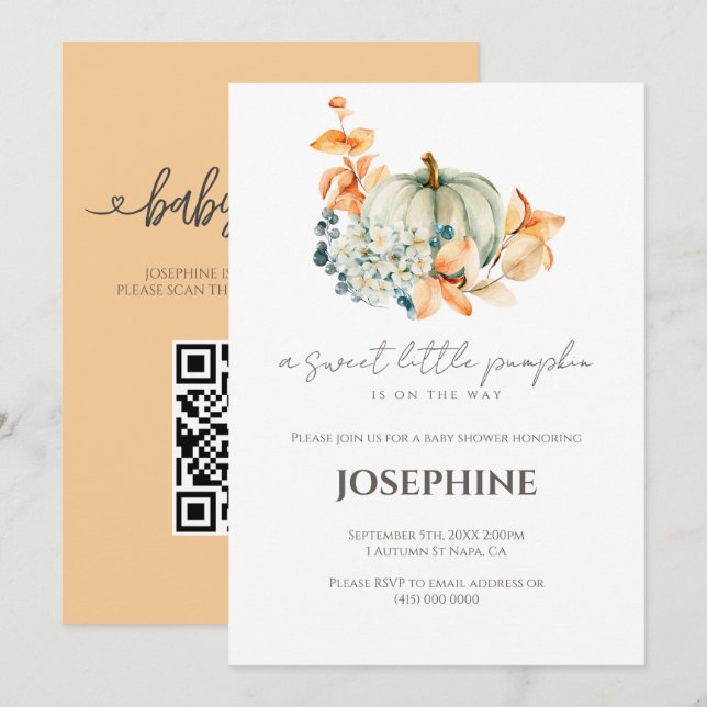 Convite Chá de Bebê Little Pumpkin QR Registro (Frente/Verso)