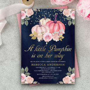 Convite Chá de Bebê Little Pumpkin Rosa Dourado Floral Azu