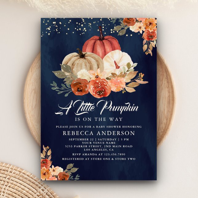 Convite Chá de Bebê Little Pumpkin Rustic Navy Terracotta (Criador carregado)