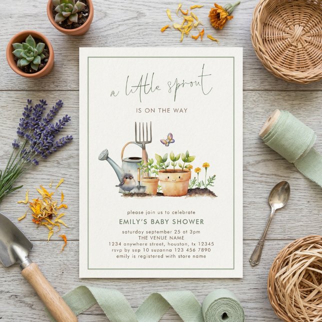 Convite Chá de Bebê Little Sprout Border Sage Gingham  (Criador carregado)