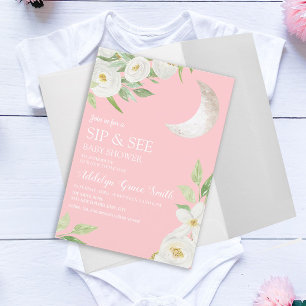 Convite Chá de Bebê Lua Branca Floral Rosa Sip See