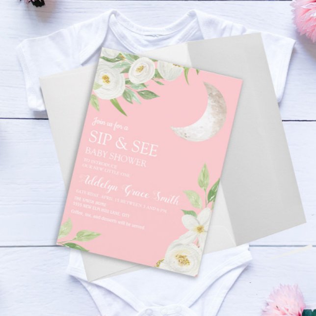 Convite Chá de Bebê Lua Branca Floral Rosa Sip See (Criador carregado)