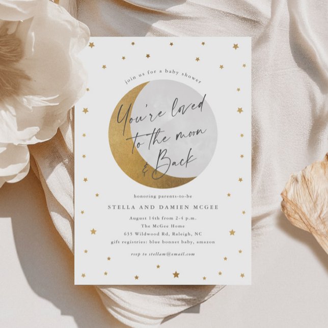 Convite Chá de Bebê Lua e Estrelas (Elegant Script Gold Moon and Stars Gender Neutral Baby SHower Invitations.)