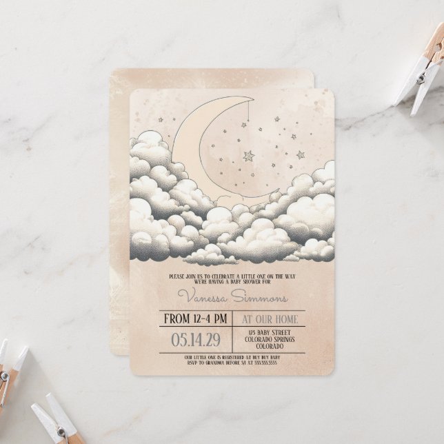 Convite Chá de Bebê Lua e Estrelas (Frente/Verso In Situ)