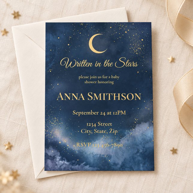 Convite Chá de Bebê Lua e Estrelas em Dourado Naval (Navy and gold moon-and-stars baby shower invitation on ivory linen. Gold details are printed artwork.)