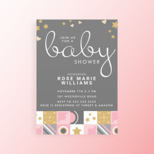 Convite CHÁ DE BEBÊ Lua e Estrelas Rosa Bebês