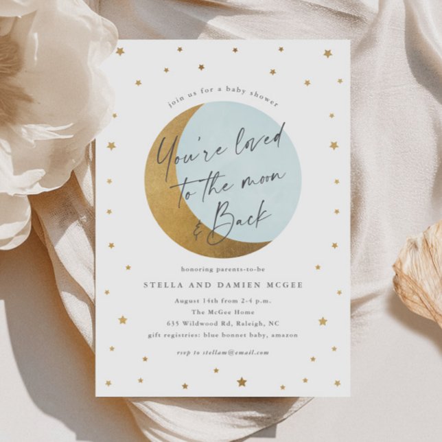 Convite Chá de Bebê Lua e Estrelas Script (Elegant Script Gold Moon and Stars Blue Boys Baby SHower Invitations.)