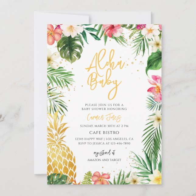 Convite Chá de Bebê Luau de Abacaxi Tropical (Frente)