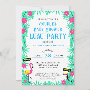 Convite Chá de Bebê Luau de Casais Flamingo Tropical Azul