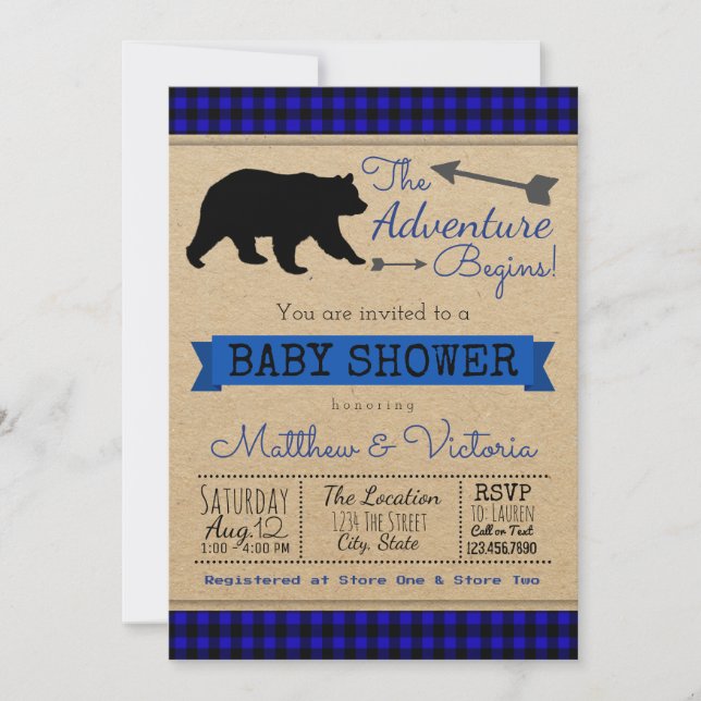 Convite Chá de Bebê Lumberjack Blue Buffalo Xadrez Urso Me (Frente)