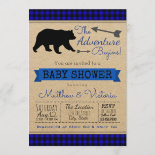 Convite Chá de Bebê Lumberjack Blue Buffalo Xadrez Urso Me