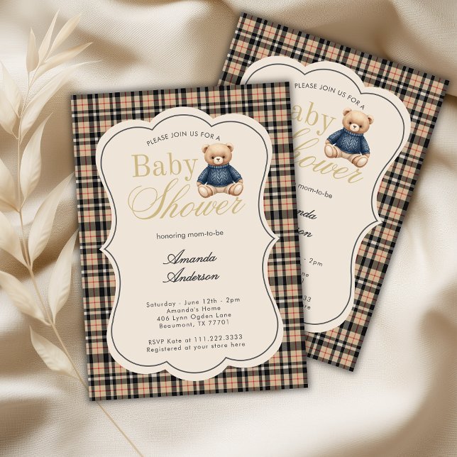 Convite Chá de Bebê Luxo Urso de Pelúcia Polo Preppy Bege (Criador carregado)