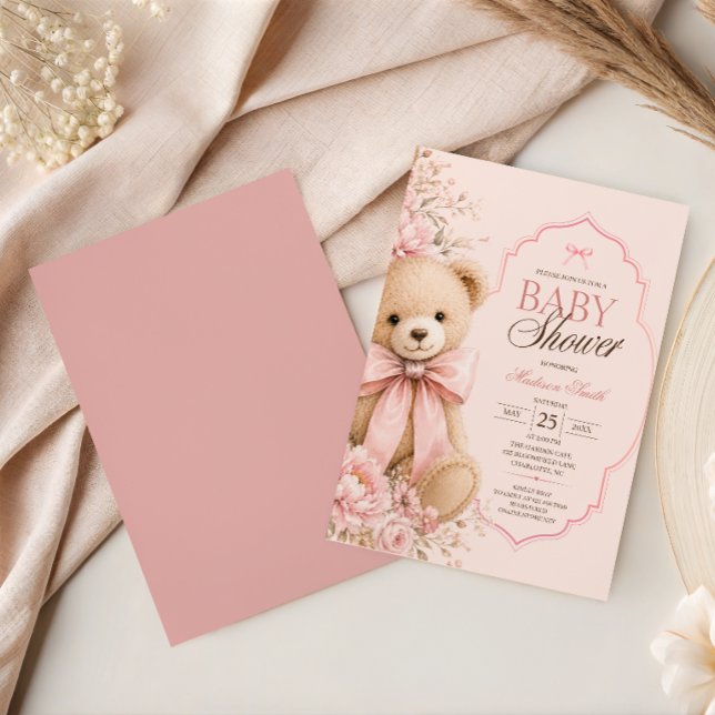 Convite Chá de Bebê Luxo Urso de Pelúcia Rosa com Laço (Criador carregado)
