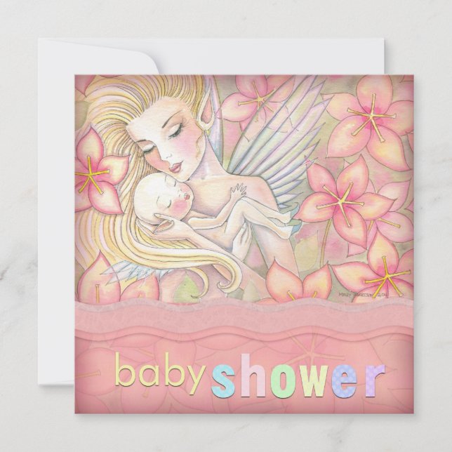 Convite Chá de Bebê Mãe e Bebê Fada Floral Rosa (Frente)