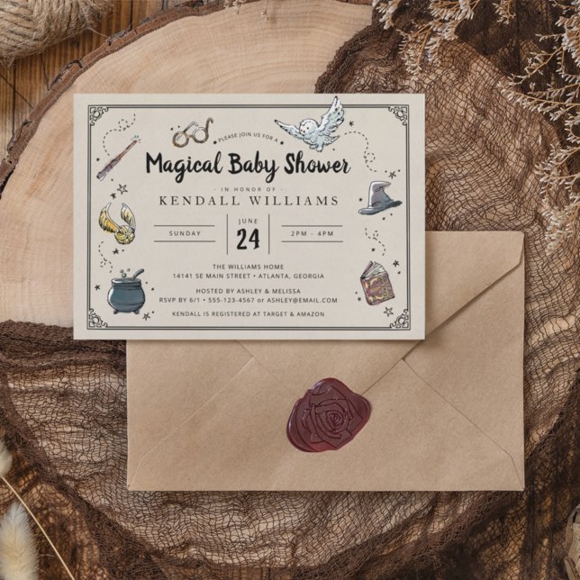 Convite Chá de Bebê Mágico Harry Potter, Coruja & Wan (Invitation on table)