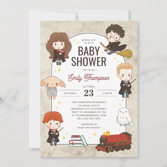 Convite Chá de Bebê Mágico Personagens de Harry Potter (Frente)