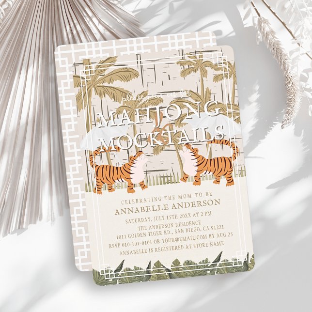 Convite Chá de Bebê Mahjong Beige Chinoiserie Tigres (Criador carregado)