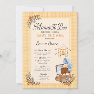 Convite Chá de Bebê Mama to Bee c/ Berço Xadrez Azul