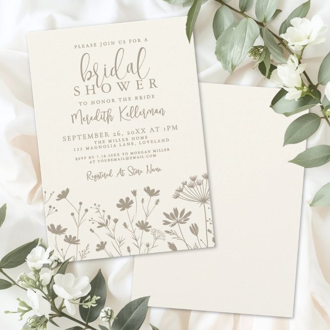 Convite Chá de Bebê Marfim Bege Flor Silvestre (Wildflower Beige Ivory Bridal Shower Invitation)