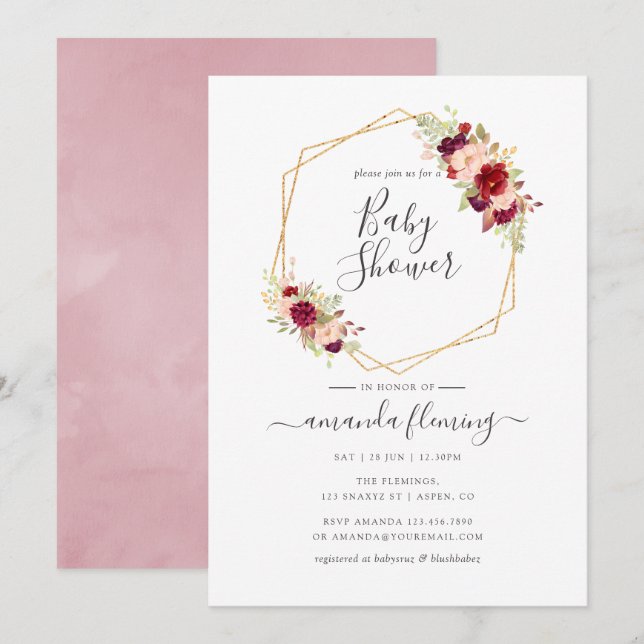 Convite Chá de Bebê Marsala e Blush Boho Geométrico (Frente/Verso)