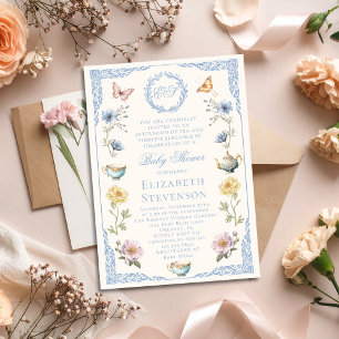 Convite Chá de Bebê Masculino com Tema Floral Regency de F
