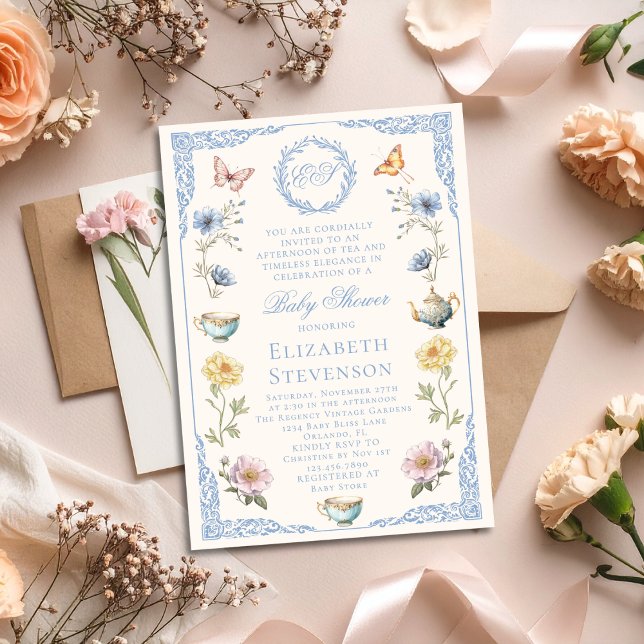 Convite Chá de Bebê Masculino com Tema Floral Regency de F (Criador carregado)