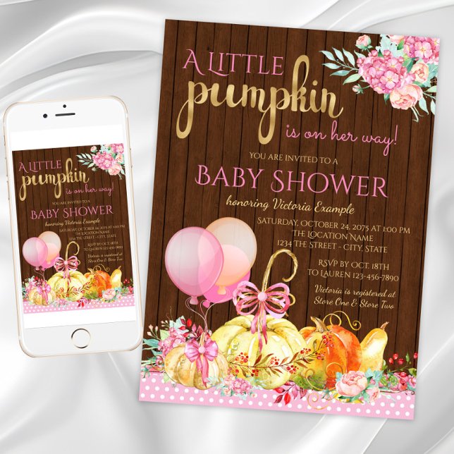 Convite Chá de Bebê Menina Abóbora Pequena Rustico Madeira (Little pumpkin baby shower invitation. Instant download and printed invitations available.)
