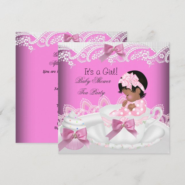 Convite Chá de Bebê Menina Afro-Americana Rosa Bebê Xícara (Frente/Verso)